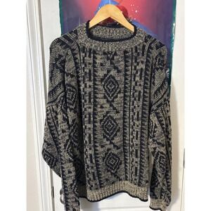 70s Sears Mens XL Geometric Southwestern Knit Crewneck Sweater Grey Navy Blue